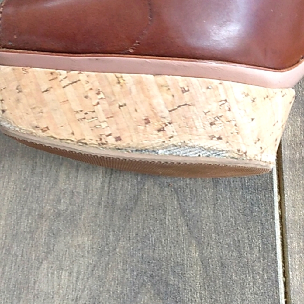 PRADA BROWN LEATHER PEEP TOE CORK HEELS WOMANS 39/9. - Picture 8 of 13